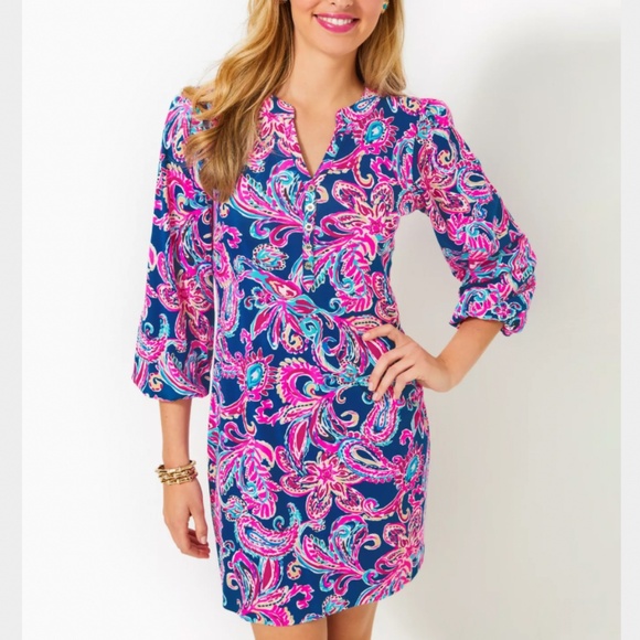 Lilly Pulitzer Dresses & Skirts - Lilly Pulitzer size XL Emery shift dress pink blue paisley floral cotton 3/4 sl
